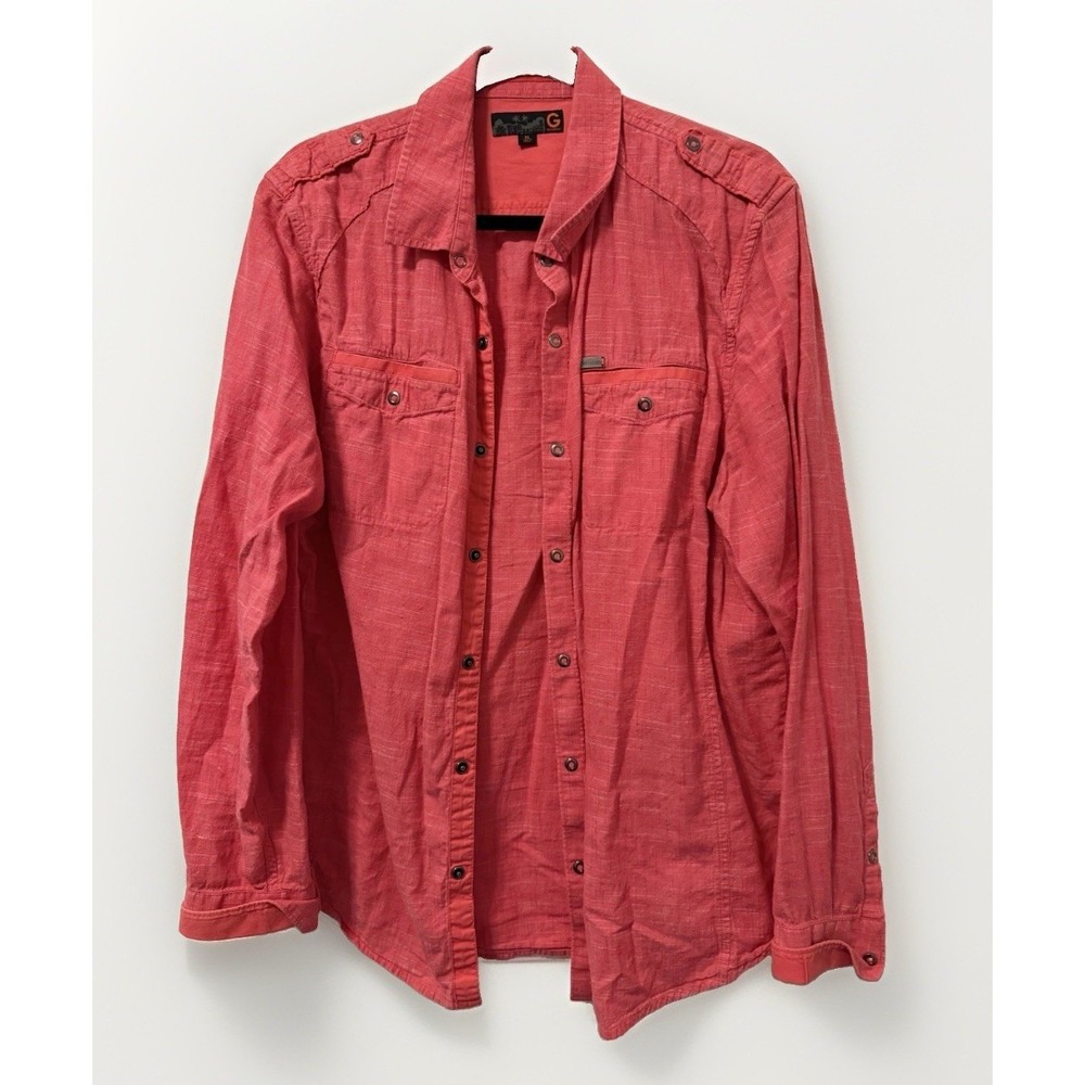 G by Guess Men's Long Sleeve Snap Closure Shirt Pink with Faux Pockets SZ XL